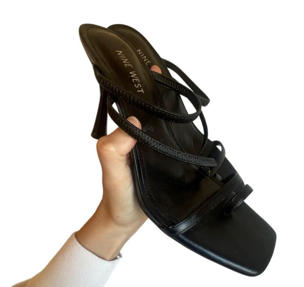 simple black nine west strappy square toe heels
